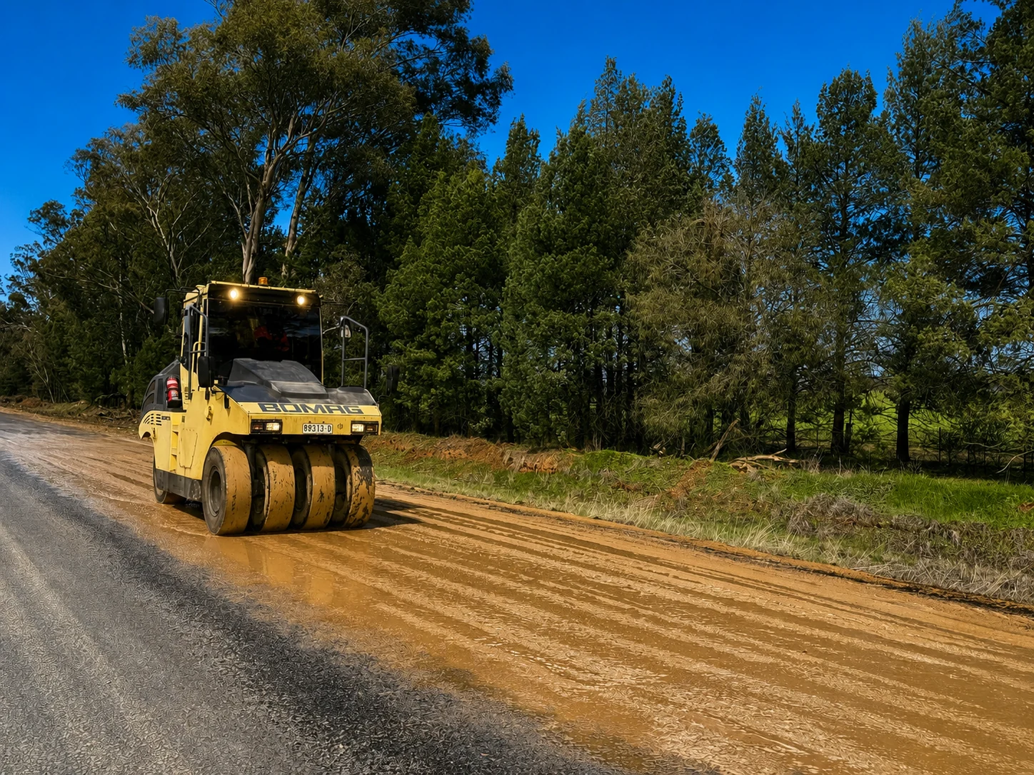 Motor grader carrying out pavement rehabilitation